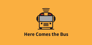"Here Comes to Bus" school bus yellow logo